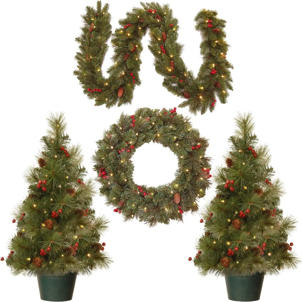 National Pre-lit White LED Lights Holiday Christmas 4-Piece Set | Garland, Wreath and Set of 2 Entrance Easter Christmas