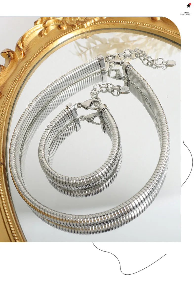 Hip-hop Punk Style Thread Thick Necklace Choker Bracelet For Women Men Stainless Steel Gold Color High-end Couples Jewelry Sets