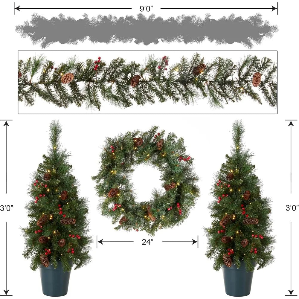 National Pre-lit White LED Lights Holiday Christmas 4-Piece Set | Garland, Wreath and Set of 2 Entrance Easter Christmas