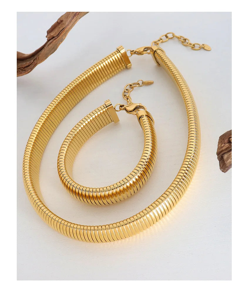 Hip-hop Punk Style Thread Thick Necklace Choker Bracelet For Women Men Stainless Steel Gold Color High-end Couples Jewelry Sets