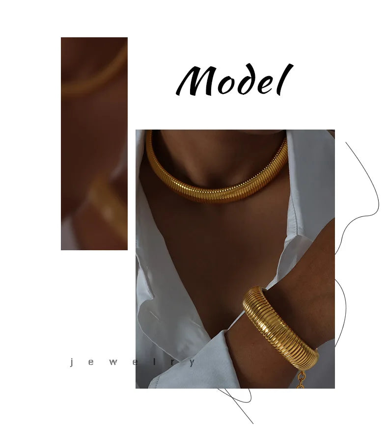 Hip-hop Punk Style Thread Thick Necklace Choker Bracelet For Women Men Stainless Steel Gold Color High-end Couples Jewelry Sets